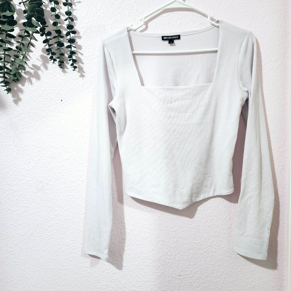 Women's Long Sleeve White Square Neck Top Ribbed Wearever Brand Size M